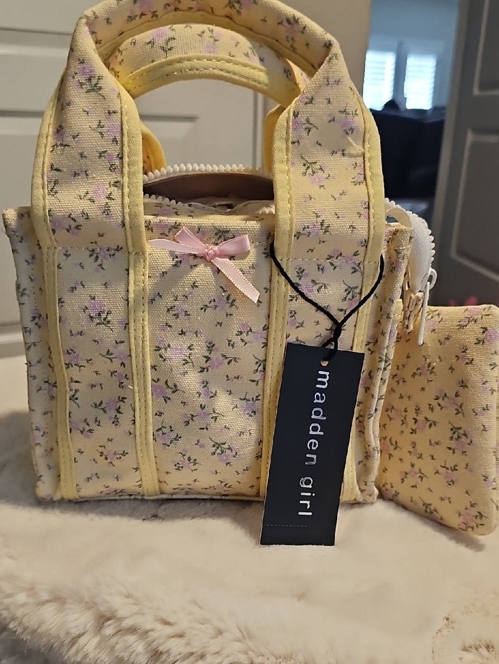 Madden Girl Pale Yellow Floral Mini Tote with Pink Bow